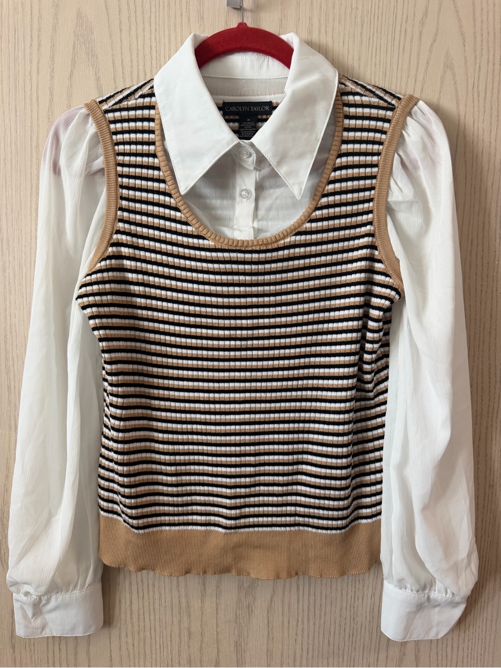 Carolyn Taylor White Shirt with Beige and Black Striped Knit Vest